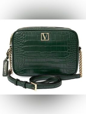 Victoria's Secret Dark Green Croc-Embossed Crossbody Bag with Gold Hardware